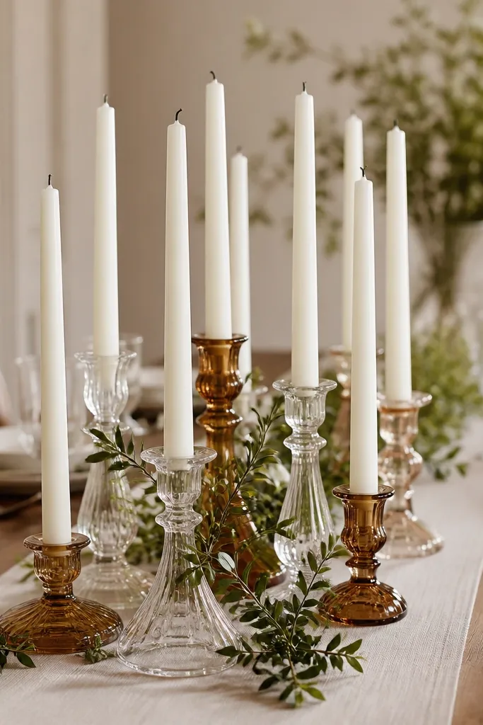 Centerpieces made from tall white taper candles placed in various clear and amber glass holders. The candles are arranged in a cluster on a long table runner, with small green sprigs tucked between glass bases.