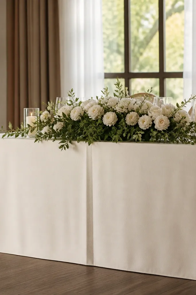 A head table draped in cream linen with a clean skirt that falls in smooth folds. One intentional crease runs down the front like a tailored line, and the table surface underneath is neatly covered.