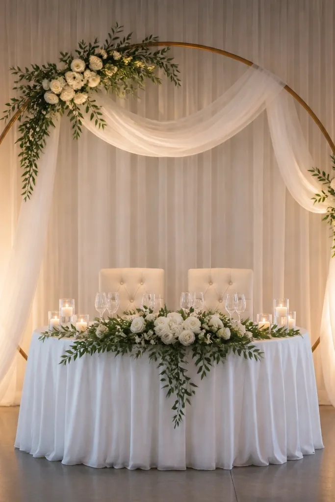A large circular hoop backdrop stands behind the sweetheart table. White fabric drapes from the hoop with small clusters of white flowers and greenery. Two uplight fixtures cast warm white light upward from the ground on both sides.