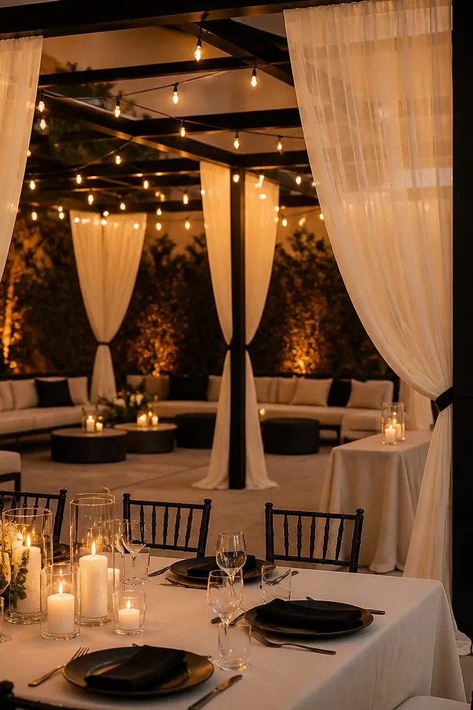 A canopy structure in matte black with cream chiffon panels hanging in soft, vertical drapes. The background has a subtle gradient from warm string lights, and the table surfaces are cream with black accents.