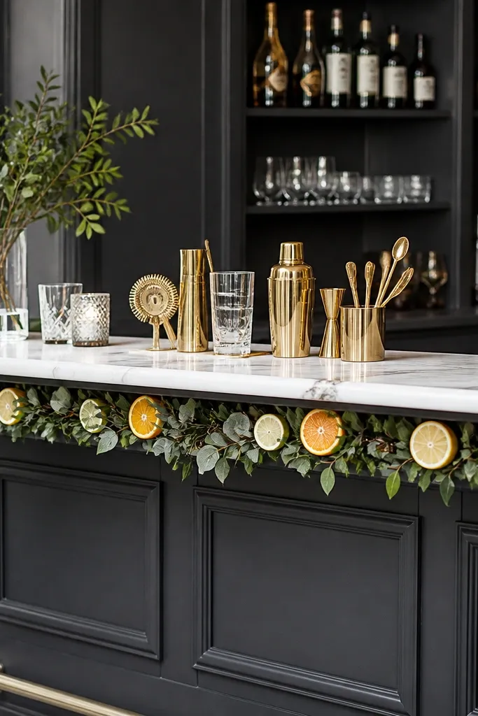 A charcoal-colored bar with a white marble-look surface. Citrus slices and small greenery garlands run along the front edge, with gold bar tools neatly arranged behind.