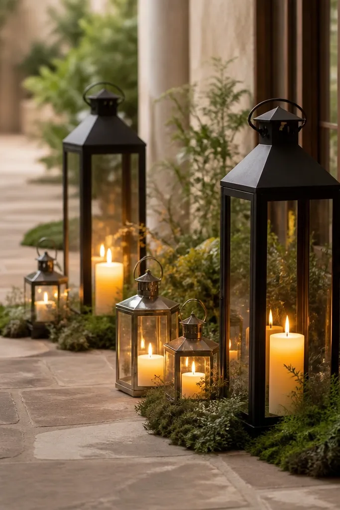 Lantern clusters placed along the walkway: two tall black lanterns and several smaller glass lanterns. All lanterns glow warm amber from inside, and the base is decorated with moss and small greenery.