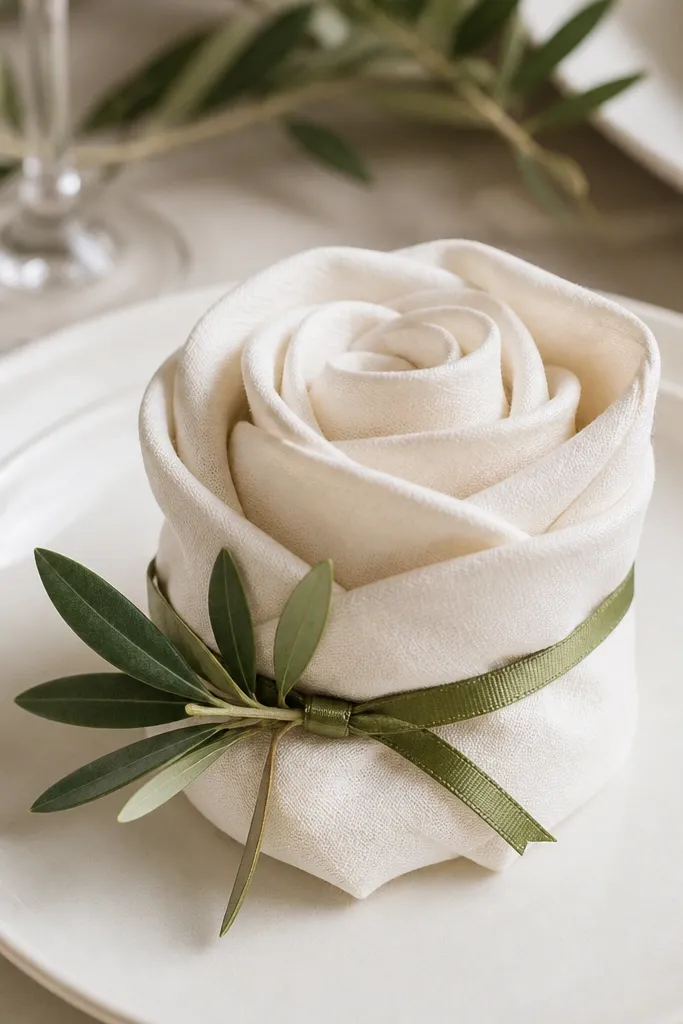 Napkins folded into a crisp rose shape on cream plates. A thin olive-green ribbon wraps each napkin, and a small olive leaf sprig sits at the knot.