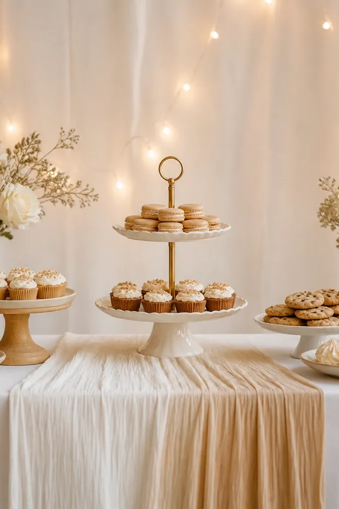 A dessert table with a two-tier cake stand centered. The table has an ombre cream fabric runner that fades from warm white to pale beige. Behind it, a soft neutral backdrop and warm string lights create a glow.