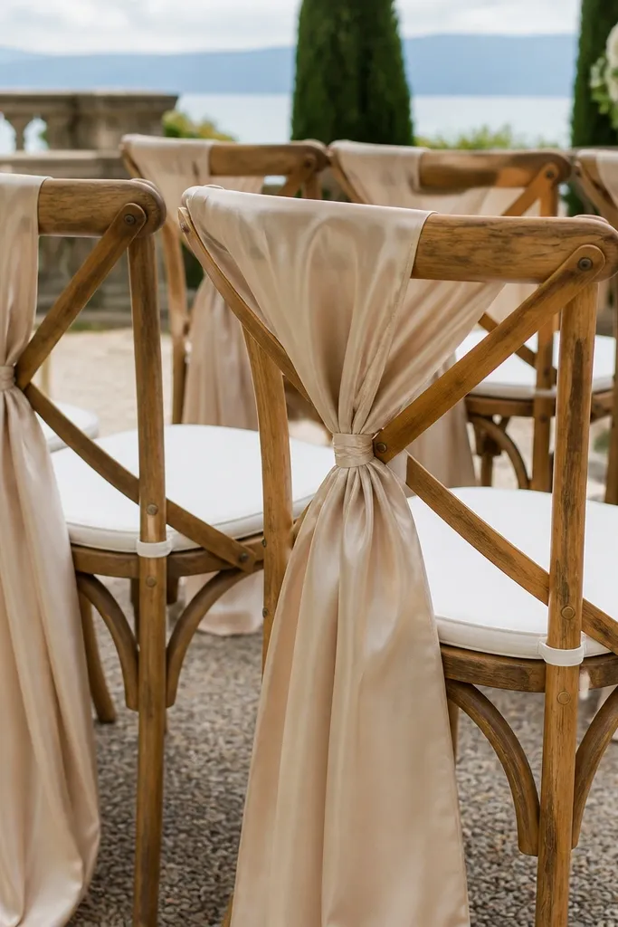 Outdoor chairs dressed with champagne satin sashes tied in a tight knot at the back. The sashes fall neatly down the sides, and the chair seats are covered with white cushions or simple seat covers.
