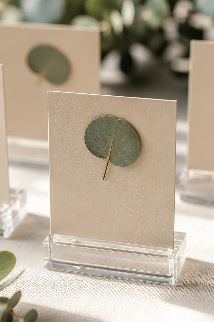 Table place cards displayed in clear acrylic holders. Each card has a pressed eucalyptus leaf placed near the top, with a warm neutral name card background.