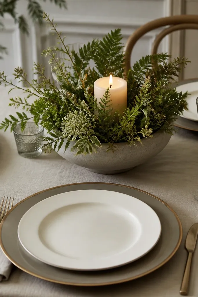 A table set with stoneware chargers in warm gray and plates in off-white. The chargers have a narrow gold rim, and a small garden bowl centerpiece sits between place settings with greenery and a candle.