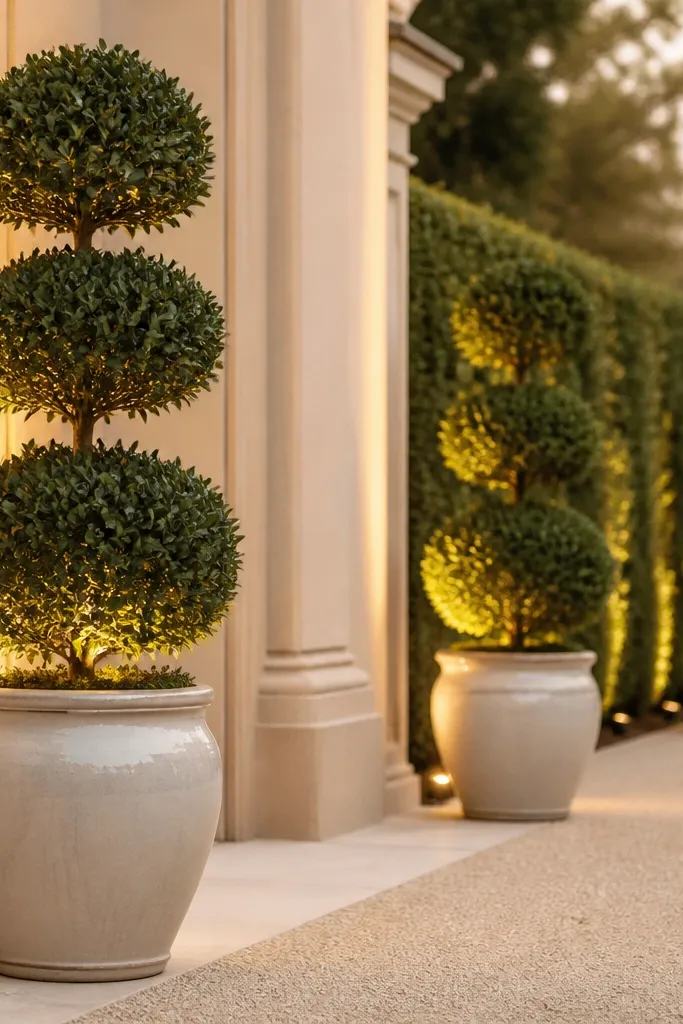 Large potted topiaries in matching ceramic planters placed at the entrance and along the side of the photo area. The greenery is uniform and trimmed, with warm light shining upward from the ground.