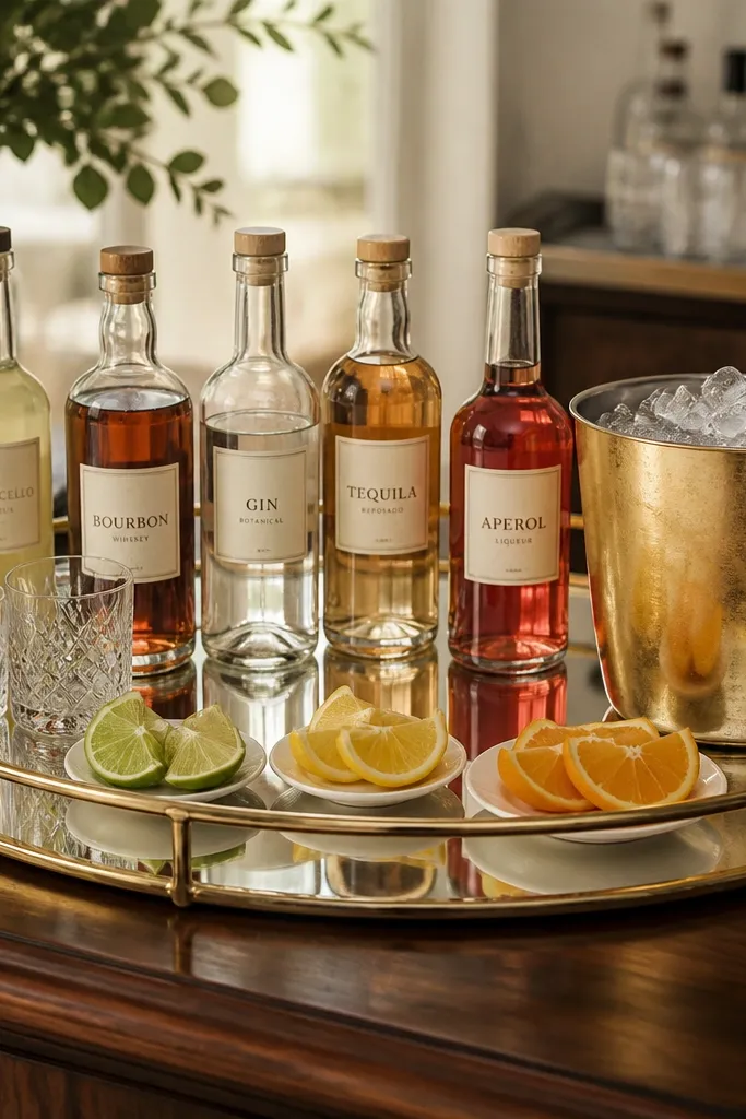 A gold-rim mirrored tray on the bar with labeled drink bottles, a large ice bucket, and citrus slices. Everything is arranged in neat rows, and warm light reflects across the mirror surface.