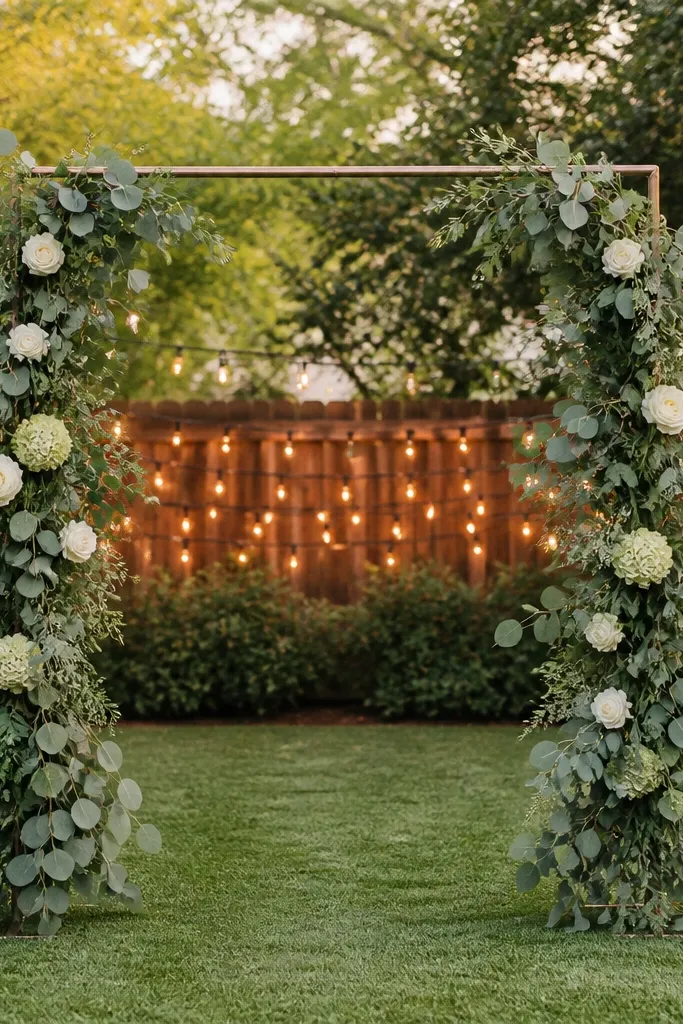A backyard ceremony arch built from a simple metal frame. Thick strands of eucalyptus look full along both sides. Several cream and sage silk blooms are tucked into the greenery. Warm string lights glow behind it.