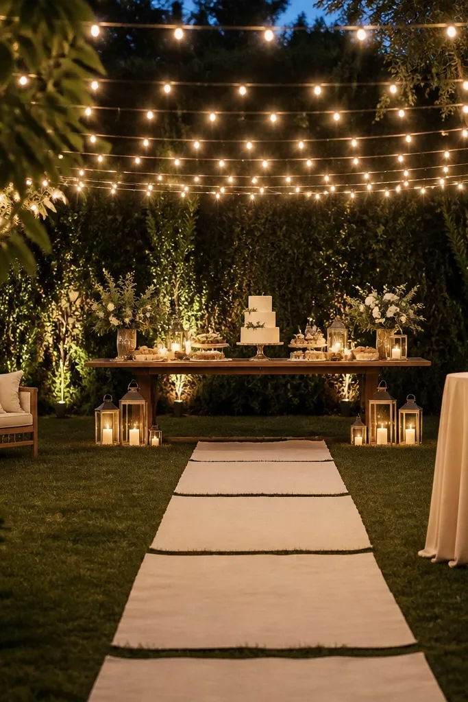 Warm string lights stretched in a grid above a backyard walkway. The aisle has white fabric runner strips. The dessert table is also lit with small lanterns and candles.