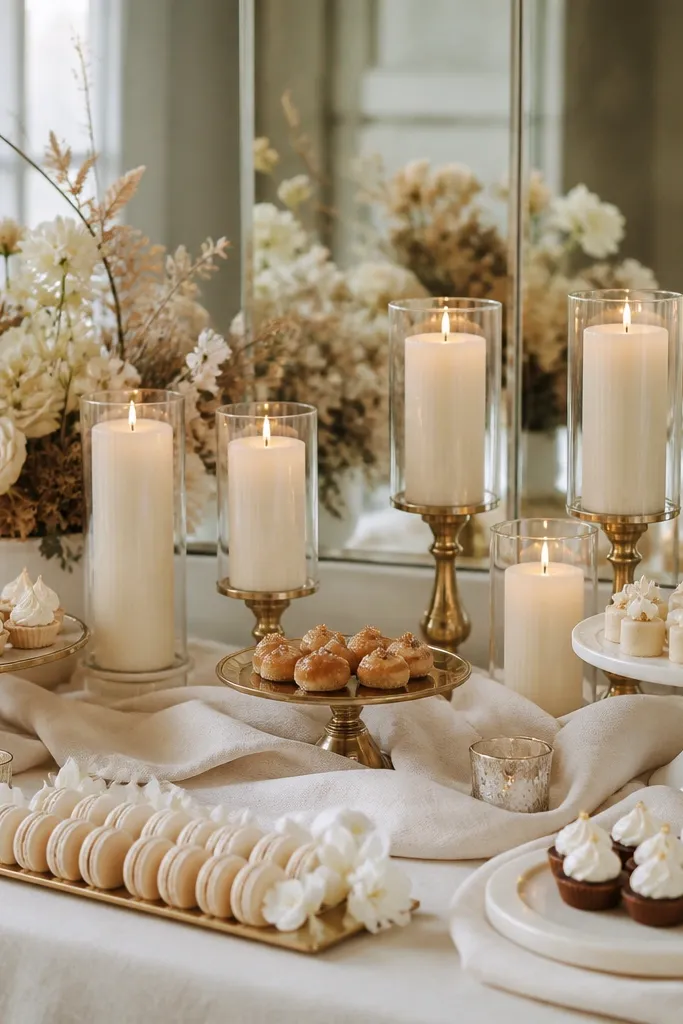 A dessert/photo table with a mirrored base behind the display. Several candles are the same height. Linen swatches in cream are draped neatly around the setup.