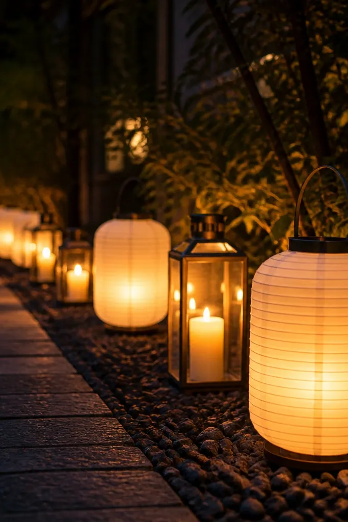 A row of paper lanterns and glass lanterns along a pathway. The lanterns are evenly spaced and glow warm at night.