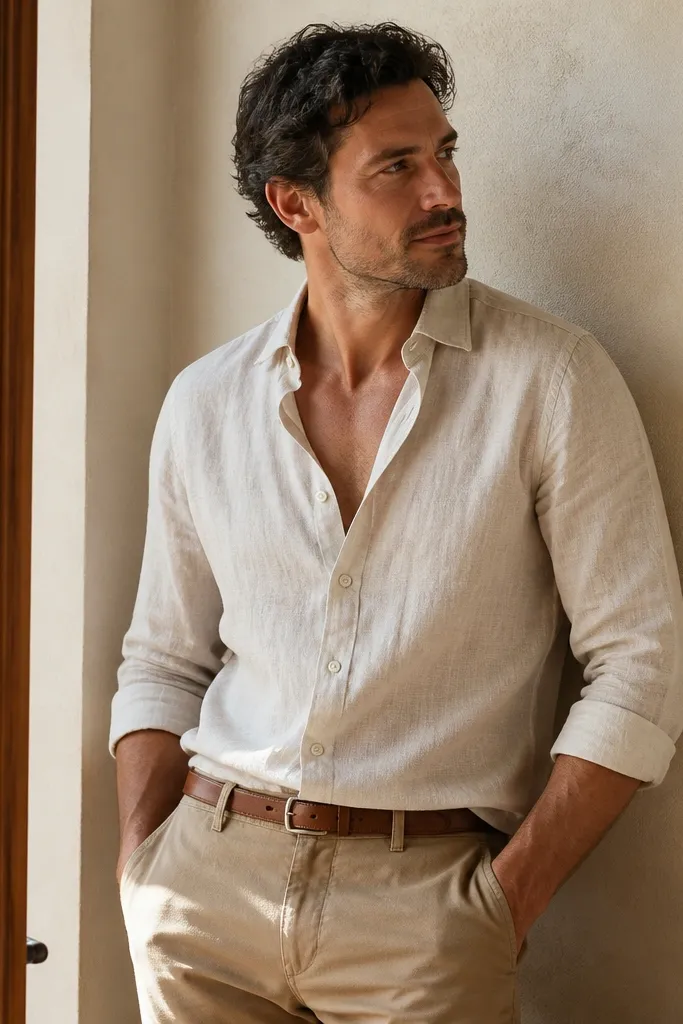 A man in a light oat linen button-down worn slightly open at the collar with a short cuff. He pairs it with tan chinos and a brown belt. The outfit looks airy and relaxed, with natural light highlighting the linen texture.