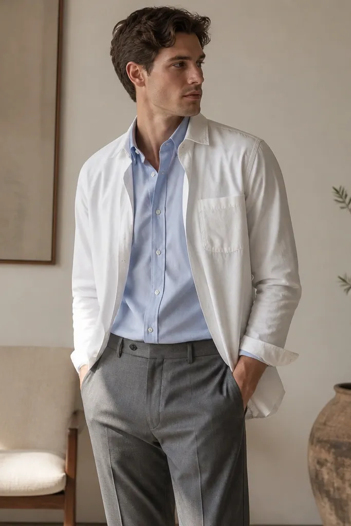 A layered men's look: white poplin overshirt worn open over a light blue Oxford shirt, paired with medium gray slacks. The styling shows a clean collar and a neat silhouette with a casual top layer.