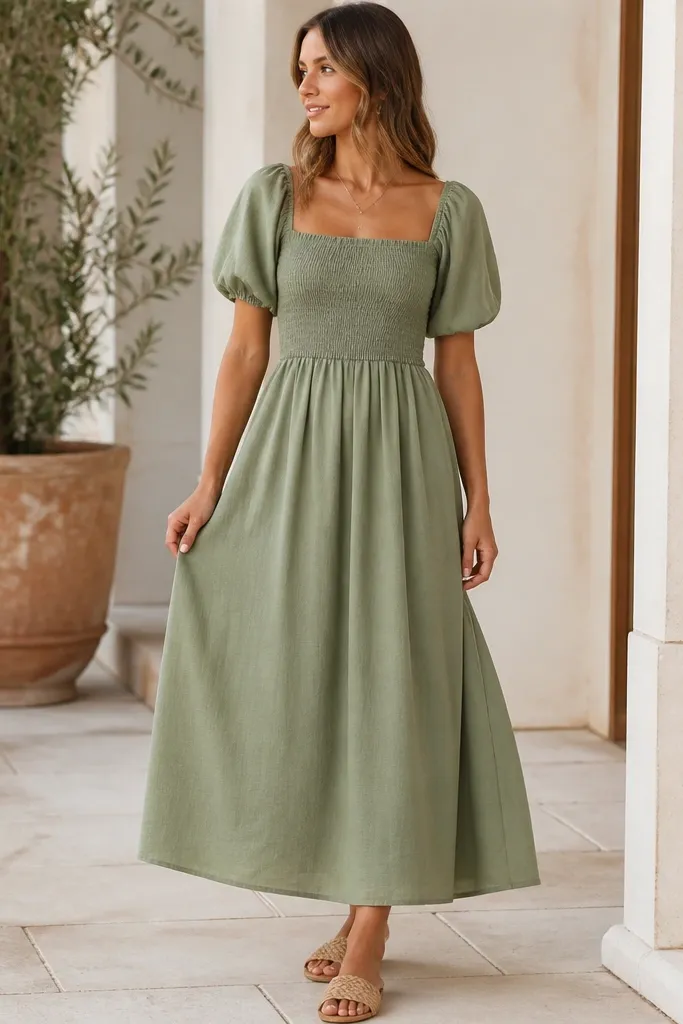 A woman wearing a sage green smocked dress with puff sleeves and a gathered skirt. She has woven sandals with a tan belt detail. The dress looks breathable and airy, with visible smocking texture at the bodice.