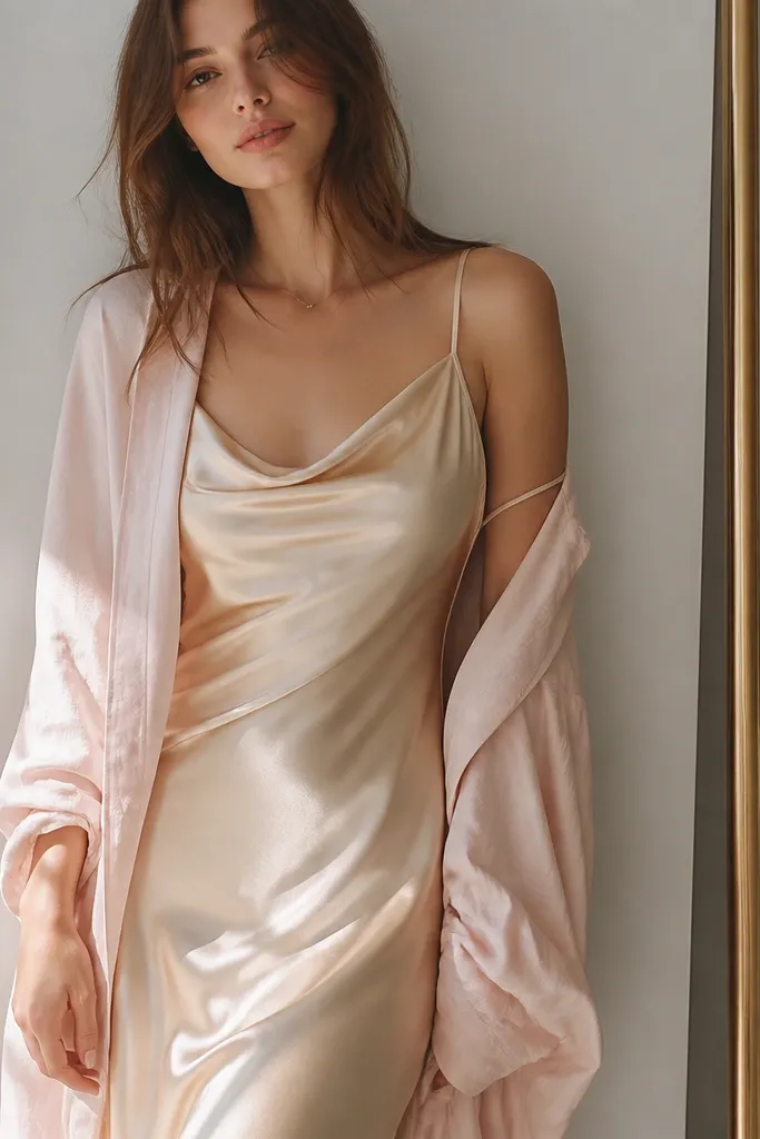 A champagne slip dress with adjustable straps and a gentle sheen. Over it, there's a blush wrap shirt worn open like a layer. The outfit looks fluid and photo-ready with soft light reflections.