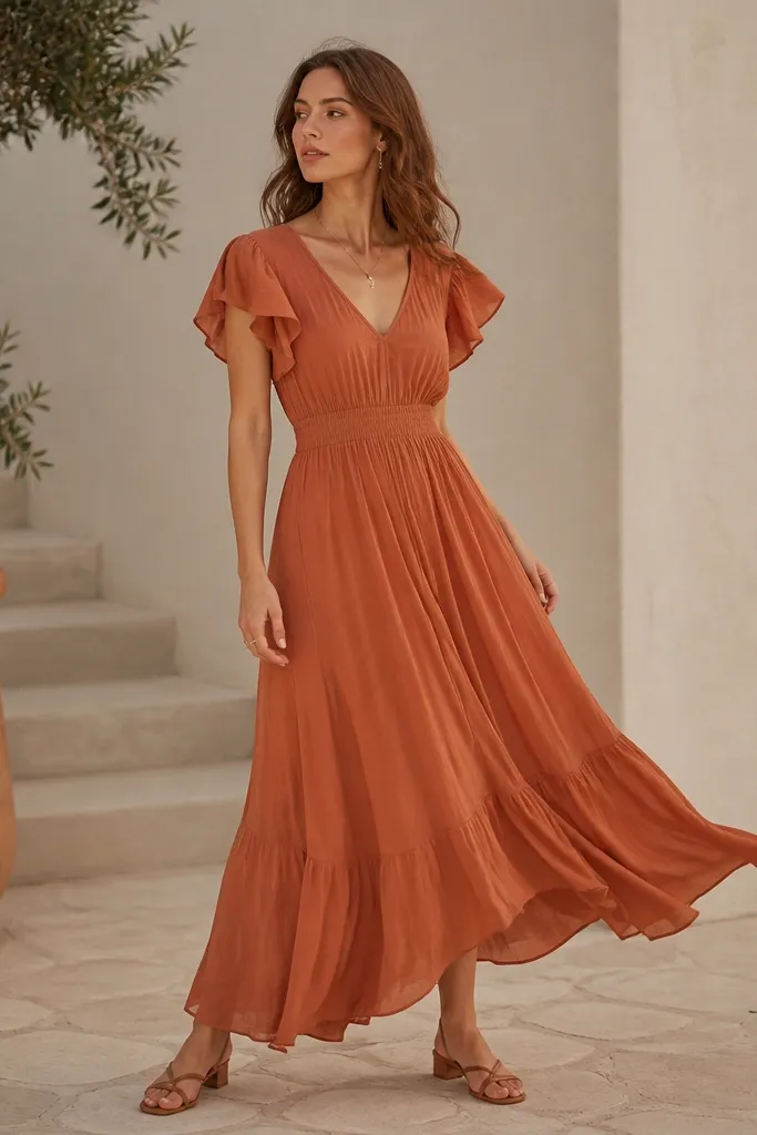 A terracotta maxi dress with flutter sleeves and a flowy skirt. The woman wears copper-toned sandals with a low heel. The dress fabric looks lightweight and moves in the breeze.
