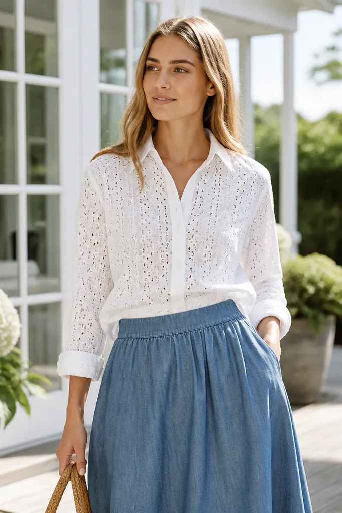A crisp white eyelet button-up shirt tucked into a chambray skirt. The outfit has a clean, airy look and the fabric textures are visible in bright daylight.