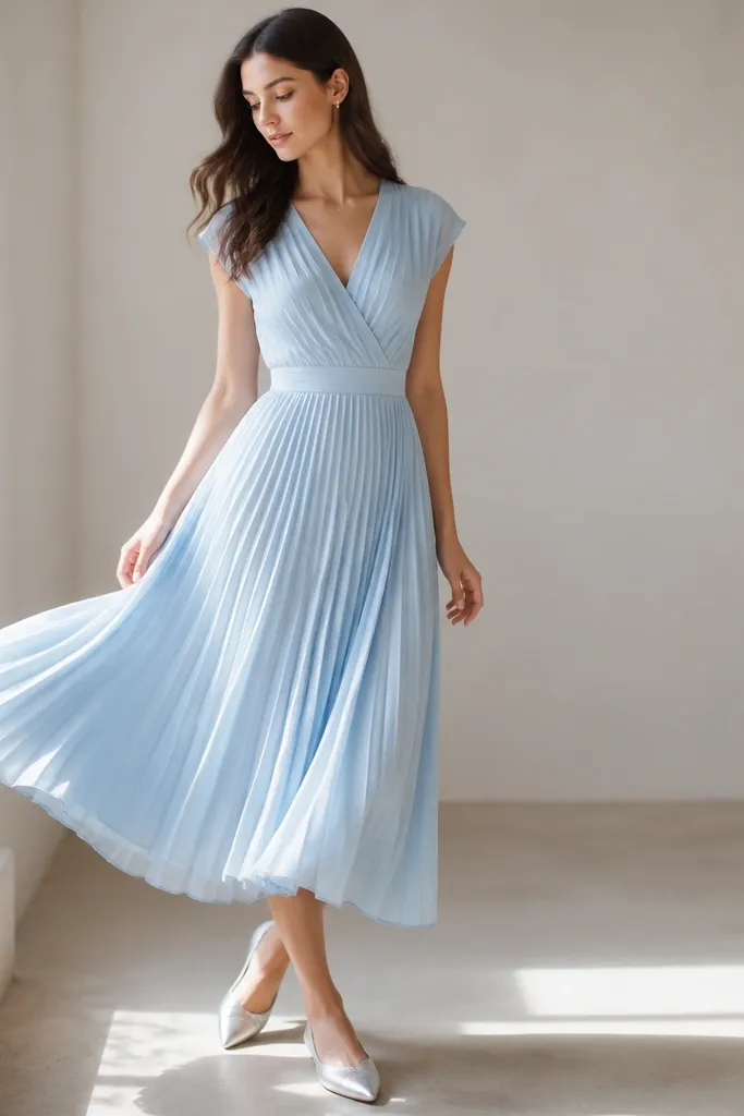 A woman in a powder blue pleated midi dress. The pleats catch light with movement, and she wears silver flats with a pointed toe. The overall look is airy and soft.