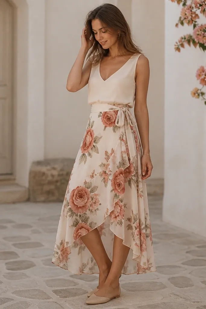 A woman wearing a rose print wrap skirt with a solid cream top. The skirt has a tie at the waist and visible wrap layers. The outfit looks light and romantic with simple flats.