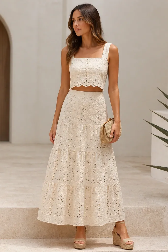 A woman wearing a cream eyelet two-piece set: a cropped eyelet top and a matching midi or maxi skirt. She has nude wedges and a small clutch. The eyelet texture is clearly visible.