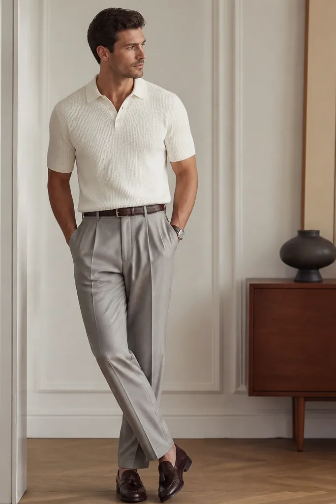 A man wearing a white knit polo tucked into light gray pleated trousers. The outfit looks clean and slightly dressy with a belt and loafers. The knit has a soft matte texture.