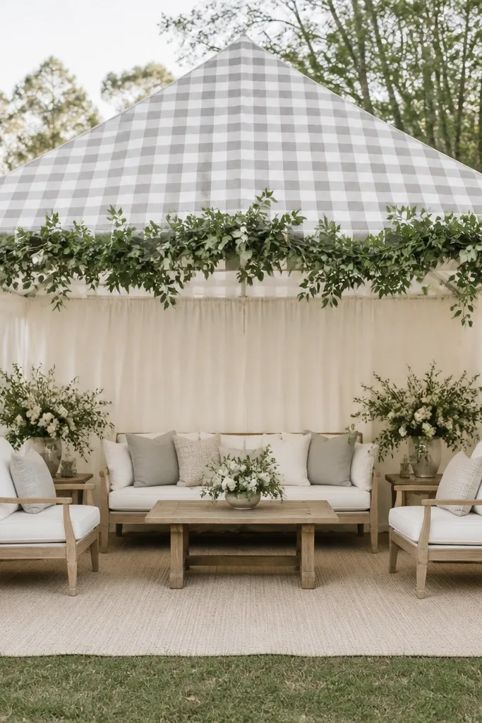 A checkered gray and white tent fabric on a freestanding frame. A low greenery garland runs along the front edge, and the side panels are draped in white. The floor has a light neutral rug.
