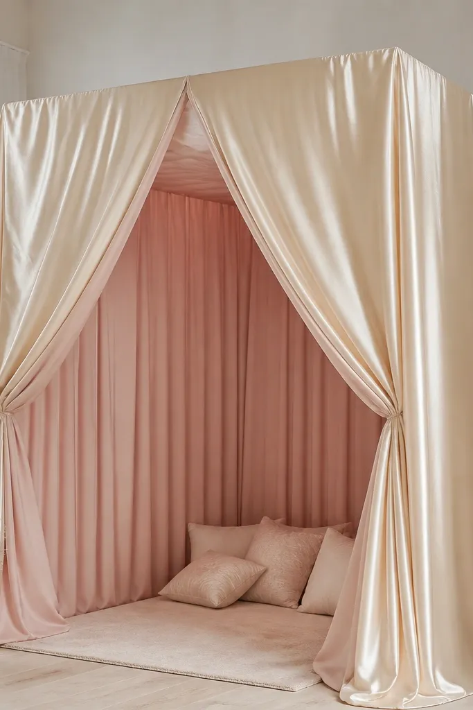 A champagne satin canopy stretched on a frame with blush fabric lining on the inside. The satin catches light and shows gentle highlights, and the front has a blush gathered panel.