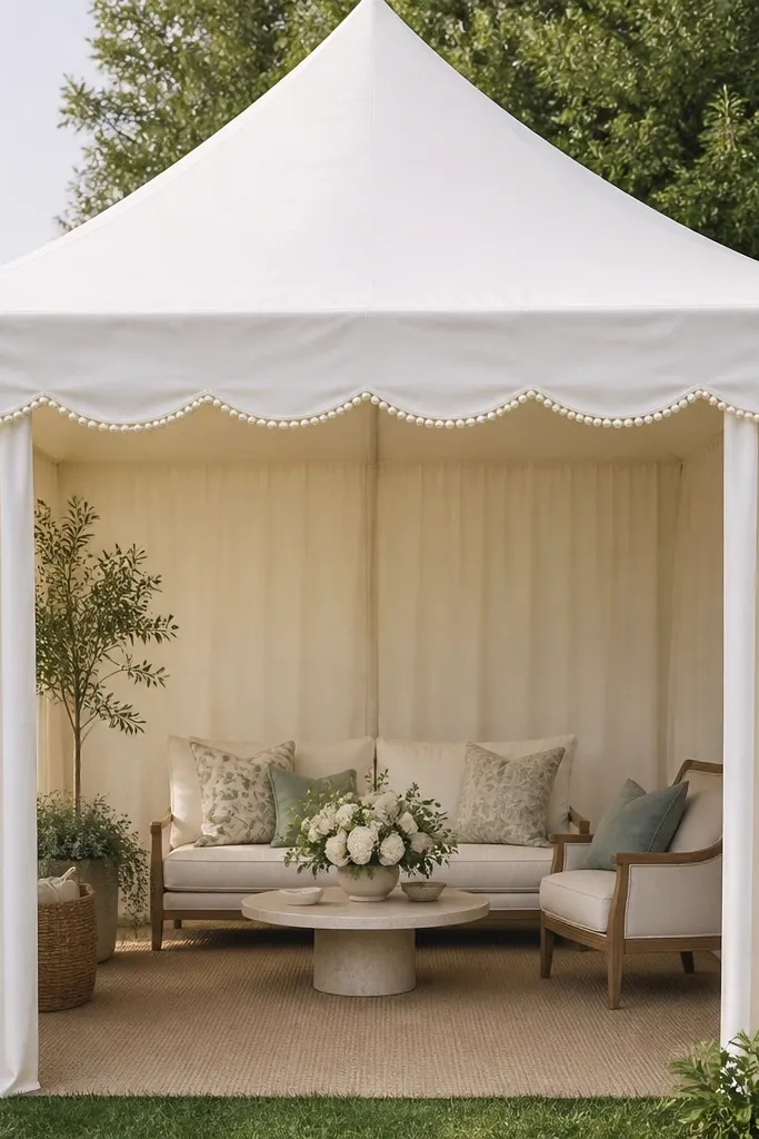 A white tent canopy with a scalloped edge along the front valance. There's a beaded trim that looks like small pearl beads, and the side curtains fall in straight lines.