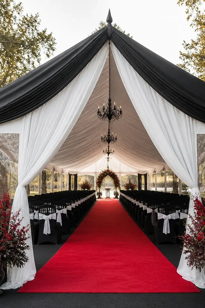 A black and white tent with clear window panels on the sides. The front has an open aisle with a bold red runner, and black chairs with white chair ties. Red florals sit at the entry corners.
