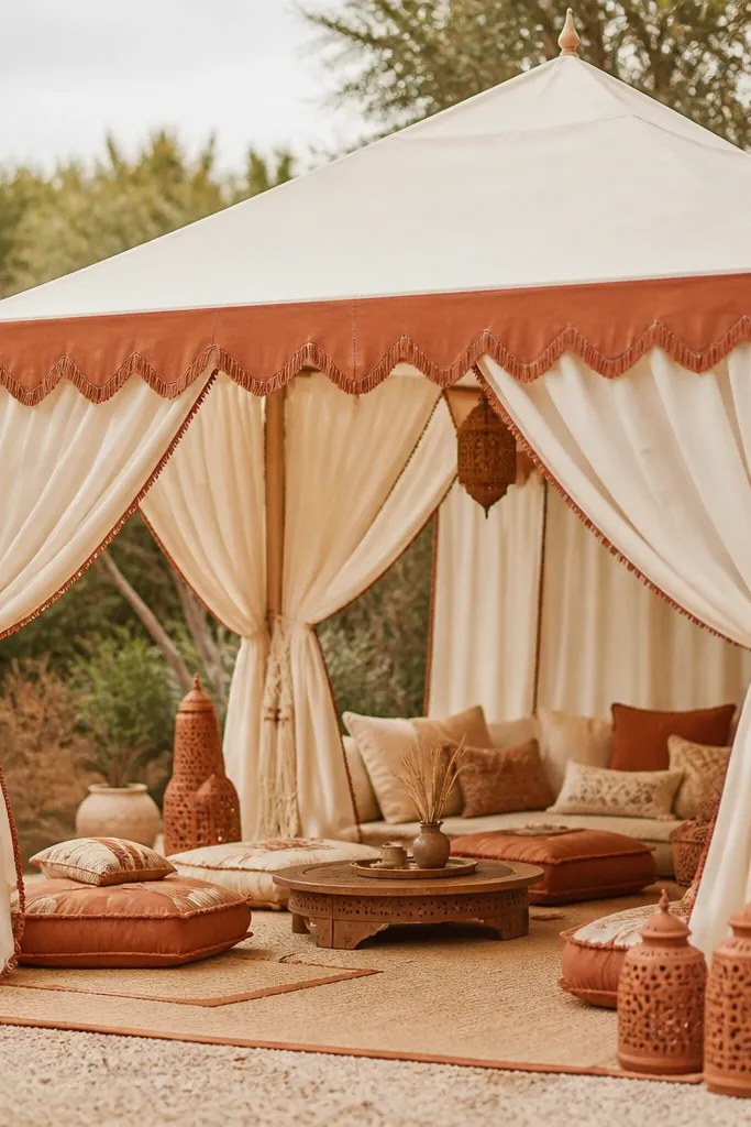 A tent in terracotta and cream tones with side curtains tied using macrame cords. The canopy is cream with terracotta accents at the front valance, and there are terracotta lanterns on the floor.