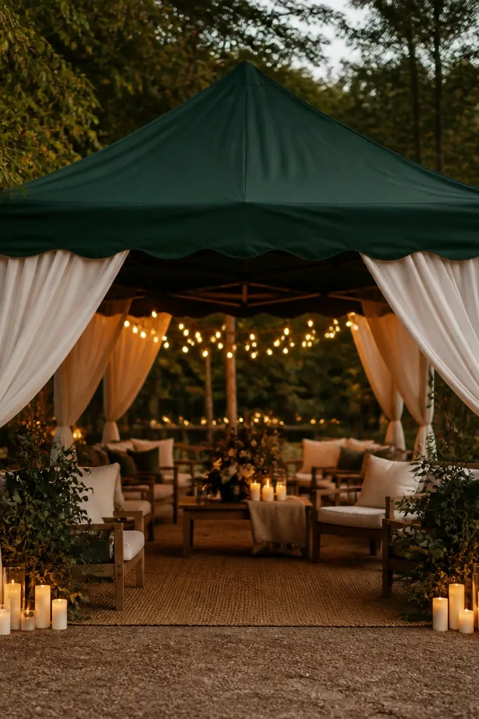 A forest green tent canopy with simple white side curtains. Inside and at the front corners are clusters of gold-toned battery candles, with warm string lights in the background.
