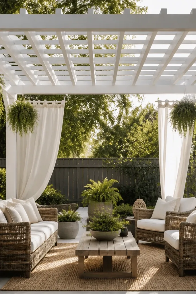 A white slatted pergola-style frame in a backyard with hanging fabric panels at the sides. The slats create a grid pattern overhead, and the fabric panels sway slightly. There are hanging greenery pieces at the corners.