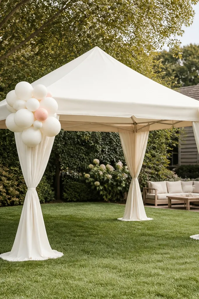 A cream tent in a backyard with balloon clusters attached near the four corners. The balloons are mostly off-white with a few pale blush accents, and the tent has simple side drapes.