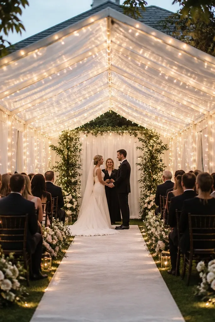 A backyard ceremony tunnel made from a freestanding tent frame wrapped in warm-white string lights. Sheer side panels glow softly, and the front aisle has a light runner leading to the couple.