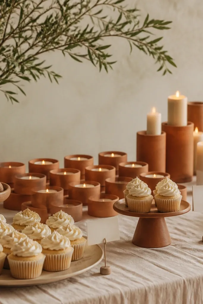 Dessert table covered with a warm cream cloth, a grid of terracotta votive holders in rows, varying heights of candles, and small label cards clipped to skewers near cupcakes.