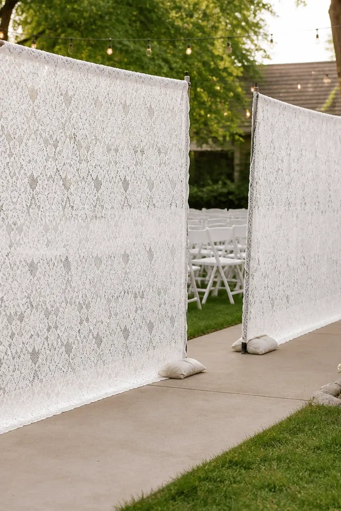 Two long white cotton lace panels stretched along a backyard walkway, corners weighted with small sandbags, and white folding chairs visible behind the panels under string lights.