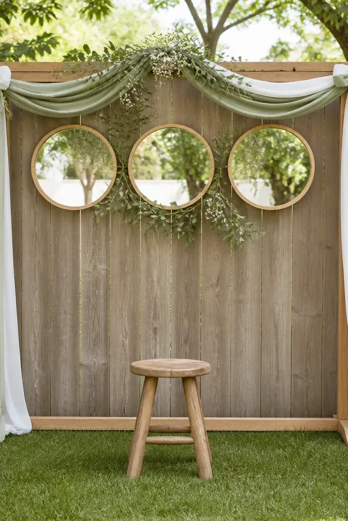 Back fence decorated with a simple wooden frame holding three round mirrors, white and sage ribbon tied in loops, and a small stool in front for portraits.