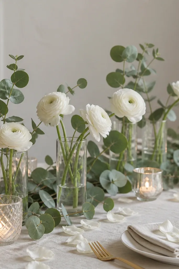 Low rectangular tablescapes with eucalyptus sprigs in clear glass vases, white ranunculus blooms, and scattered white petals near candle holders.