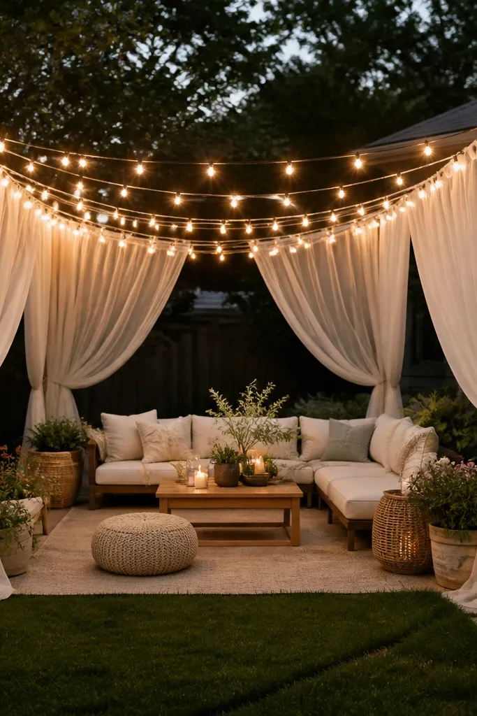 Backyard canopy made with warm string lights stretched between two posts, with sheer white fabric panels hanging along the sides like a tent.