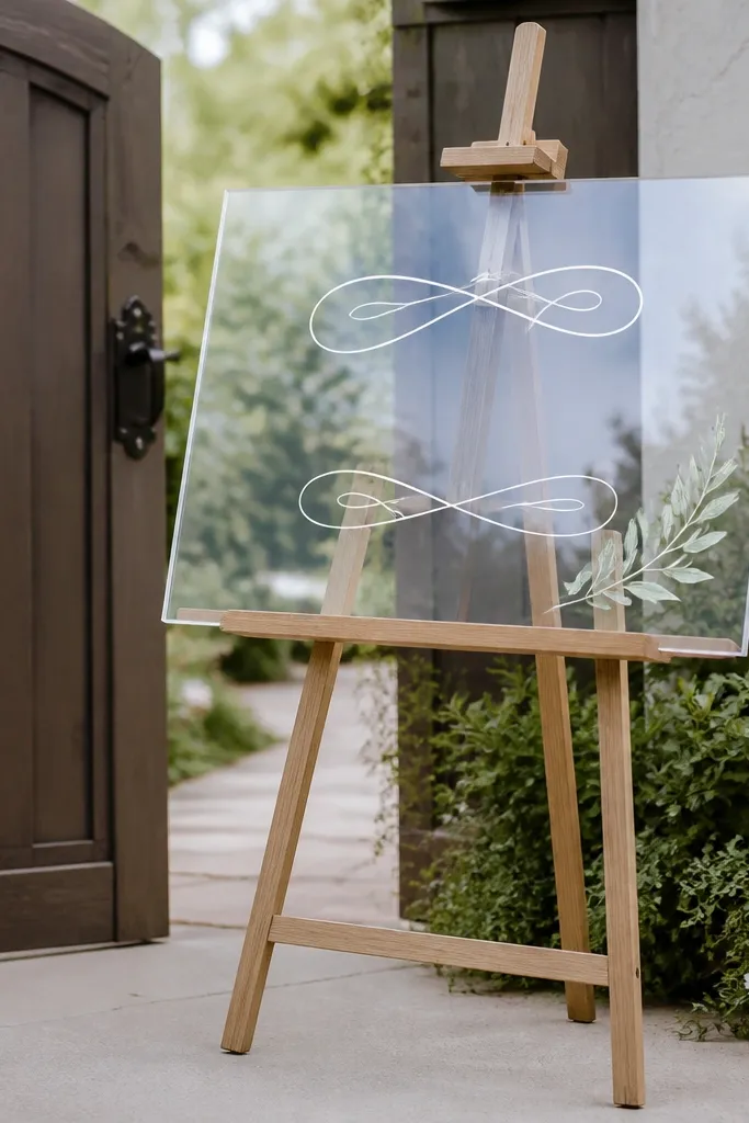 Clear acrylic welcome sign on a small easel, with white vinyl lettering and a tiny sage leaf decal in the corner, placed near a backyard gate.