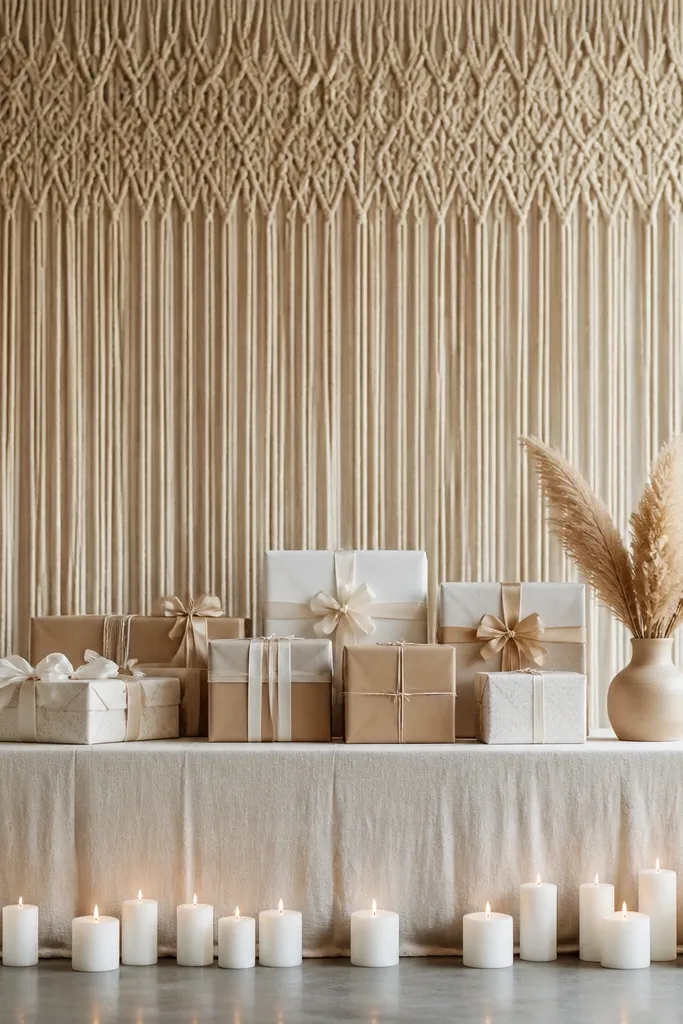 Gift table with a tall curtain panel backdrop made of macramé-like rope, white candles along the front edge, and a small vase with dried pampas grass.