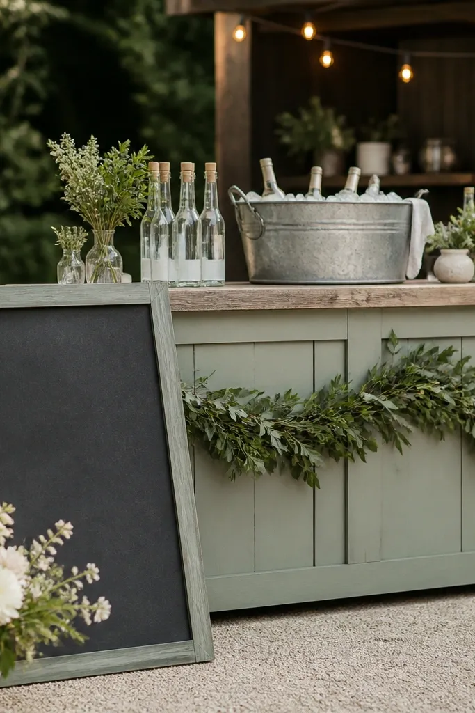 Outdoor drink service bar with a chalkboard menu sign in a sage-painted frame, small bottles arranged neatly, and warm string lights behind a cooler.