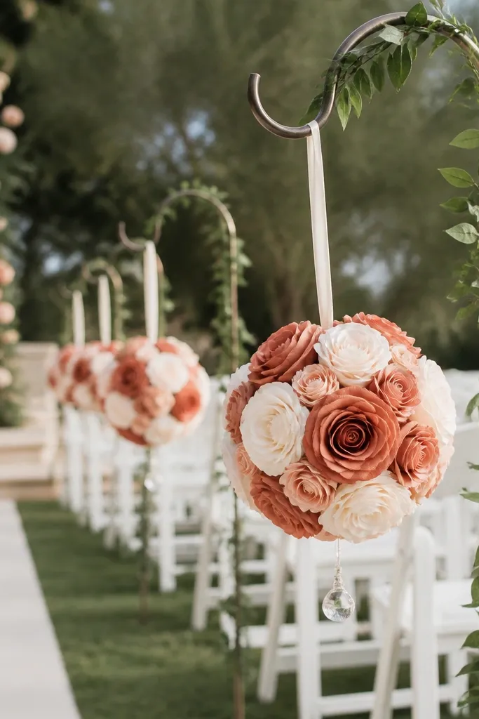 Pomanders made from faux flowers in terracotta and cream hanging from shepherd hooks near the ceremony, with clear weights on the bottom and greenery wrapped around the hooks.