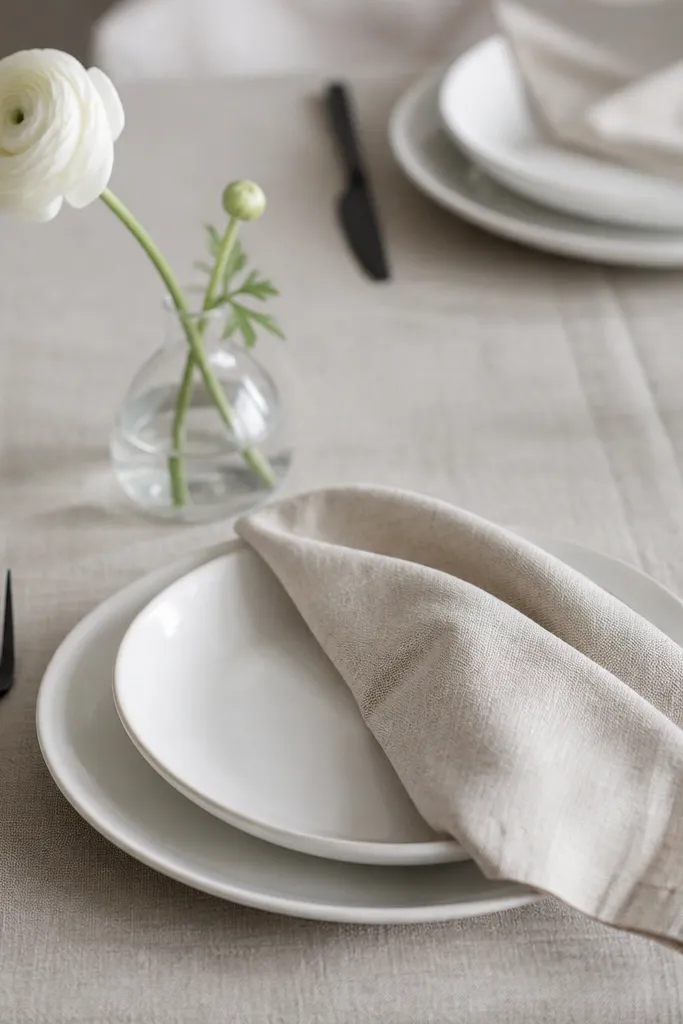 Table setting with oatmeal linen cloth, white plates, matte black forks and knives, and a small white floral bud in a clear glass vase.