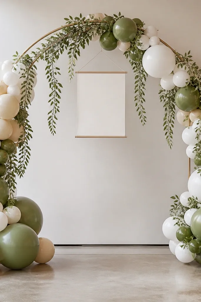 Balloon garland in olive, white, and cream arranged along an arch frame, with greenery strands and a small sign hanging from the center.