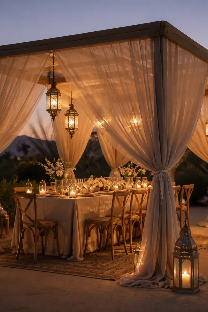 Pop-up pergola covered in beige sheer drapes, with hanging lanterns and a long table underneath, glowing warmly in evening light.
