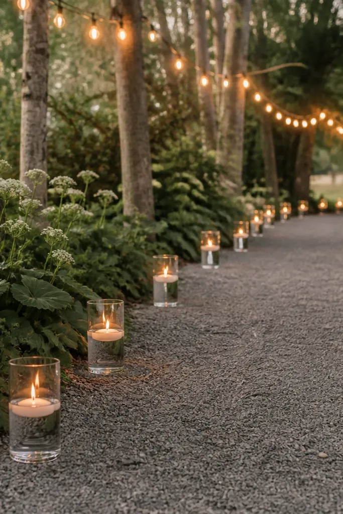Small floating-style candle lanterns lined along a gravel path, each lantern placed in a clear container with warm light, with a string light running overhead.