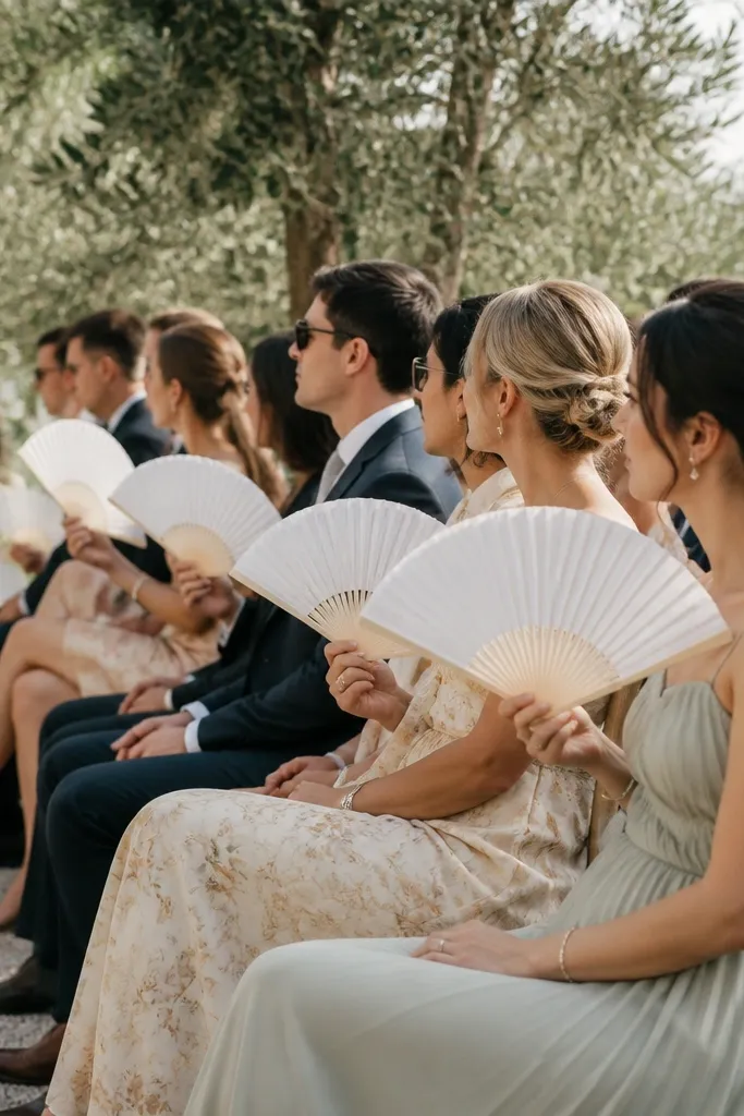 Guests holding open white folding fans during the ceremony, with a row of chairs and an olive branch backdrop behind them.